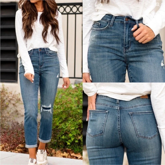 Judy Blue High Rise Denim Patch Boyfriend Jeans Medium Wash Women’s sz 3 26